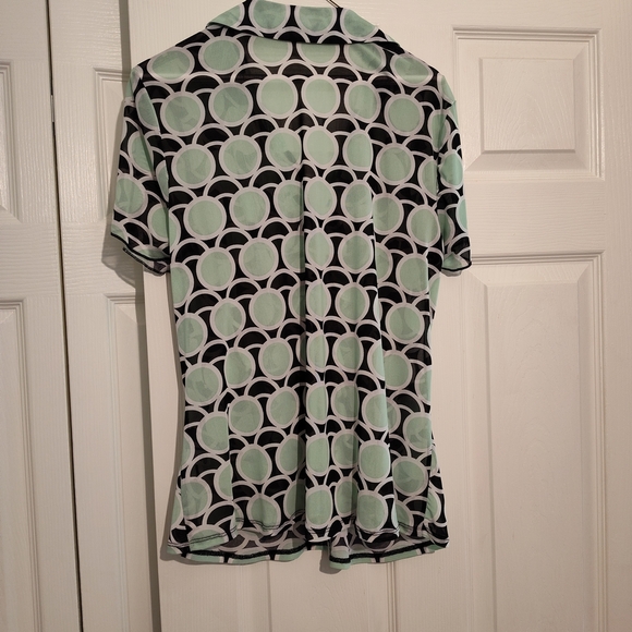 Cato XL Sheer Blouse Mint Green Black White Geometric Circle Print Button Top - Picture 3 of 4